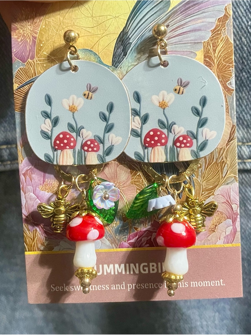 Whimsical Mushroom & Bee Drop Earrings - Red, White, Gold - Picture 3 of 6